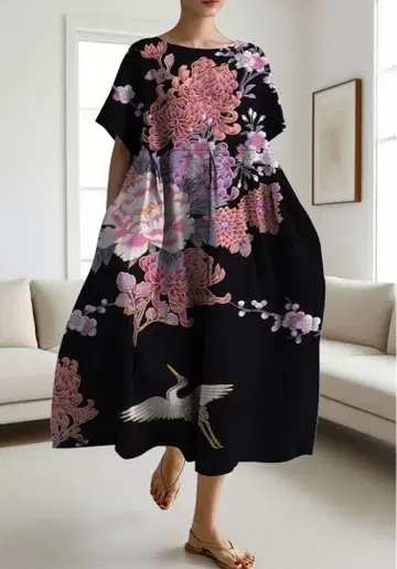 일본풍 패턴 모던 국화와 학 [미사용 새상품] XLsize