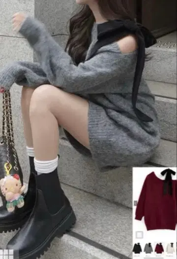 GRL 원숄더 벨로아 리본 니트 미니 원피스