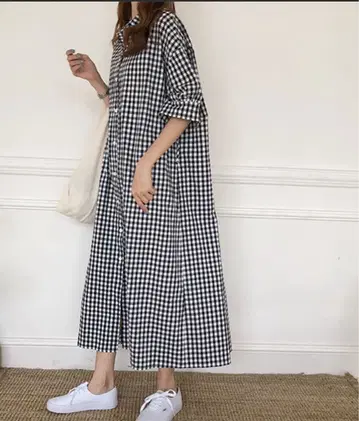 미사용 새상품 JUNOAH 깅엄 체크 패턴 셔츠 원피스 블랙 / M