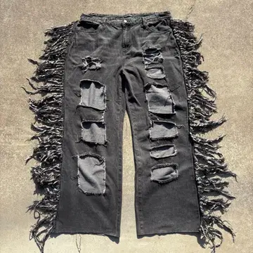 블랙 데미지 데님 팬츠 프린지 vintage 와이드 팬츠