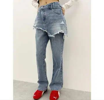 EVRIS 랩 디자인 플레어 데님 팬츠