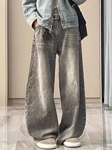 그레이 와이드 레그 데님 팬츠