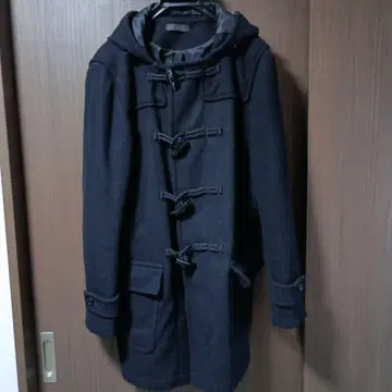 다크 그레이 더플 코트 후드 부착