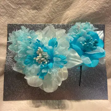 스카이블루 꽃 장식 헤어 액세서리 일본 정통의상 소품