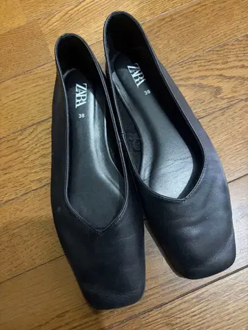 ZARA 스퀘어토 가죽 발레 슈즈 플랫 천연 가죽 블랙 38