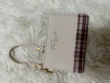 베이지 체크 무늬 키케이스 ID 카드 포켓 부착