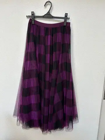보라색 블랙 체크 롱 스커트