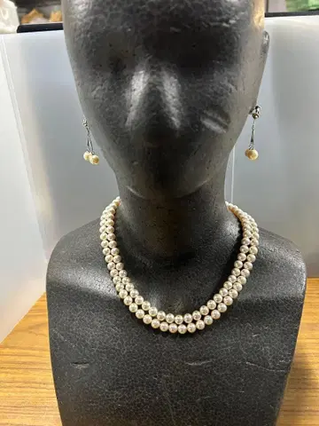 실버 각인 이중 모조 진주 목걸이 & 귀찌 세트 새상품급