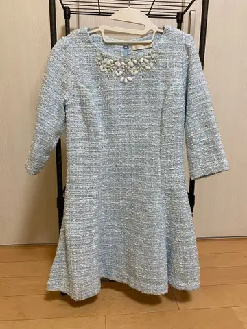 michell Macaron 스카이블루 트위드 7부 소매 A라인 원피스