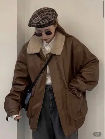 브라운 가죽 아우터 자켓 복슬복슬 카라 부착