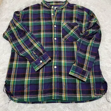 새상품급 BEAMS BOY 워크 체크 롱 슬리브 셔츠 밴드 카라 보라색