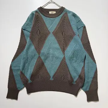 니트 스웨터 울 아가일 라이트 브라운 에메랄드 그린 레트로 구제 의류