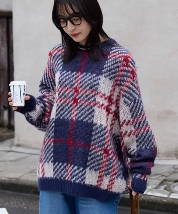 새상품 MONO-MART 체크 무늬 자카드 빅 니트 풀오버