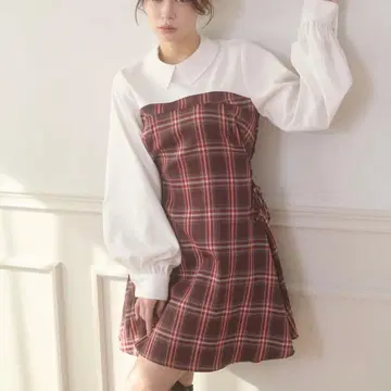 사이드 레이스업 체크 미니 원피스