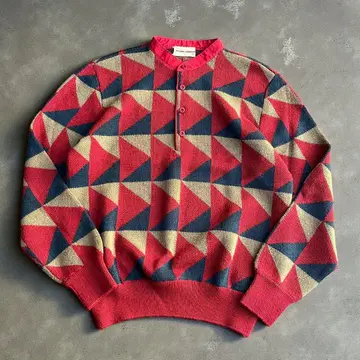 피에르 가르뎅 울 혼방 밴드 카라 하프 버튼 니트 구제 빈티지