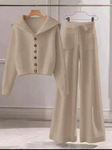 리브 편직 셋업 베이지