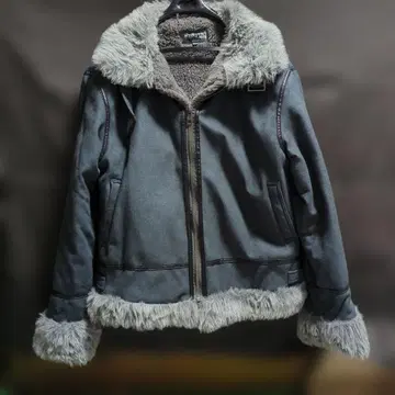 인조 모피 부착 다크 블루 그레이 자켓