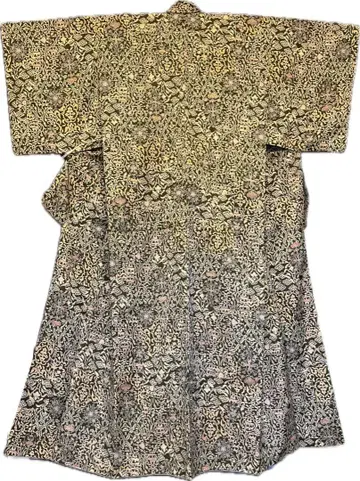 카키 그린 바탕에 핑크 꽃 사라사 무늬 귀여운 기모노 코몬 캐주얼 기모노