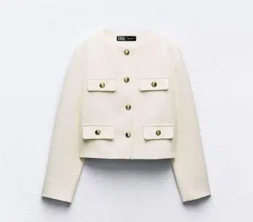 ZARA 라운드넥 피케 블레이저 노카라 자켓 화이트