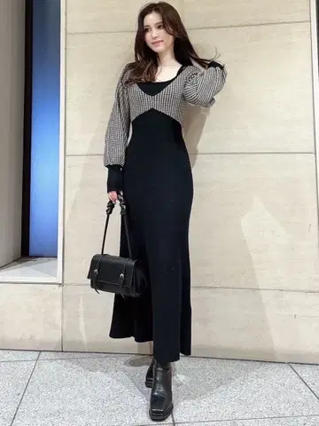 하운드 투스 니트 원피스