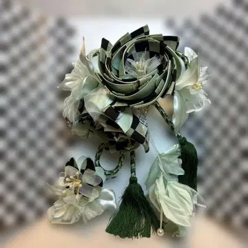 그린과 블랙 체크 무늬 머리 장식