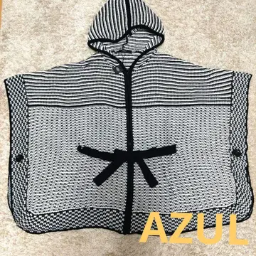 AZUL 후드 부착 판초 화이트 블랙 스트라이프