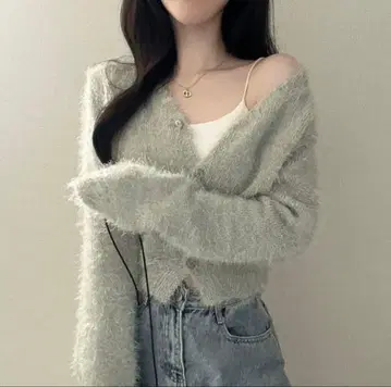 샤기 니트 가디건 그린