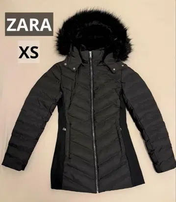 ZARA 자라 다운 코트 퍼 후드 여성용 블랙 XS