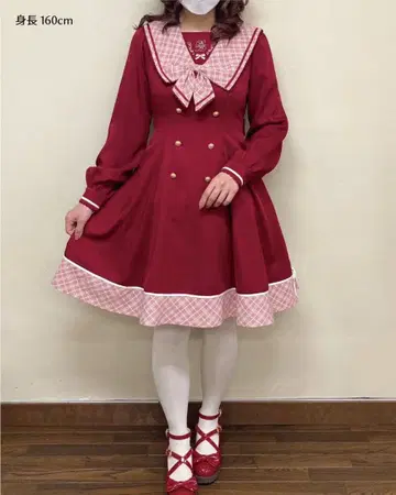 Amavel 아마벨 Check Ribbon 세일러 원피스 보르도 빨간색