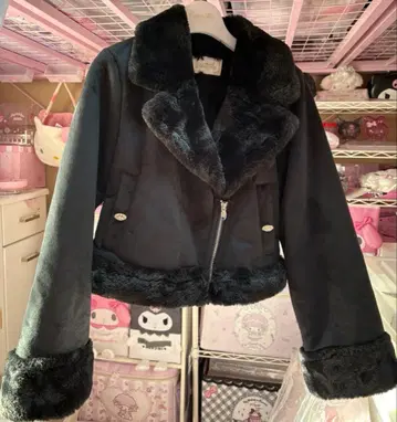 미셸 마카롱 무스탕 스웨이드 숏 라이더 자켓 블랙 XS