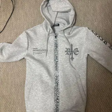 레오파드 무늬 지퍼 그레이 후드티