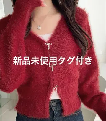 [ mily bilet ] 새상품 비쥬 리본 버튼 샤기 니트 가디건