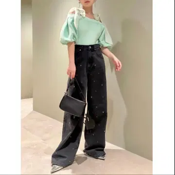 릴리 브라운 Lily Brown 하트 비쥬 와이드 데님 팬츠 블랙