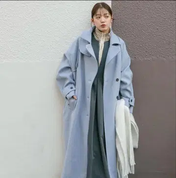 라이트 블루 롱 코트 울 혼방