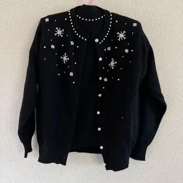 블랙 비즈 장식 가디건 스웨터 세트