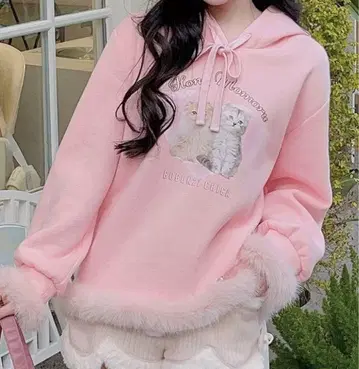 고양이 프린트 퍼 포함 핑크 후드티