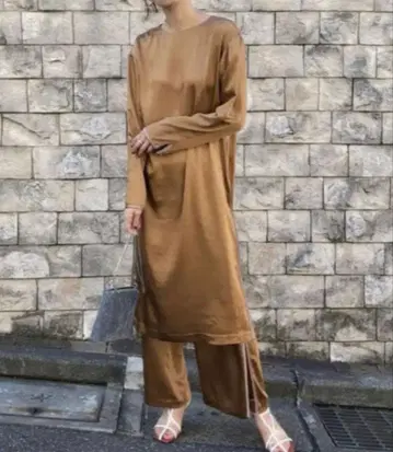 Ameri VINTAGE 브라운 긴팔 상의 슬릿 팬츠 셋업