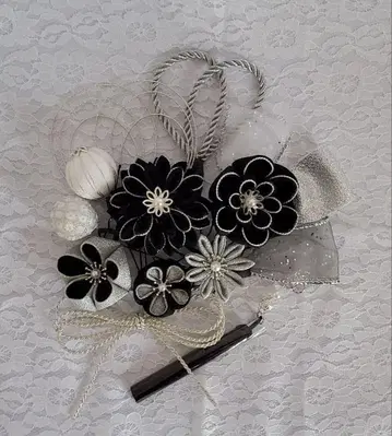 성인식 졸업식 일본 정통의상 소품 꽃 장식 세트 블랙 실버