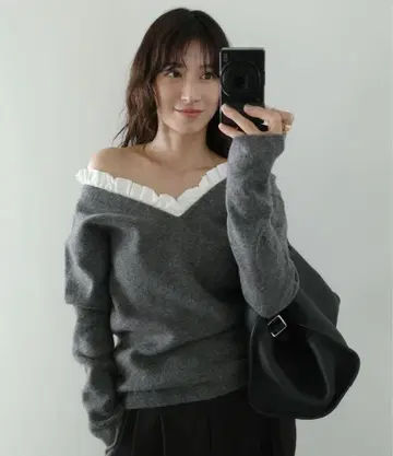 2WAY FRILL V NECK KNIT TOPS CLANE