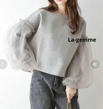 La-gemme 튤 소매 풀오버 프리 그레이 보트넥