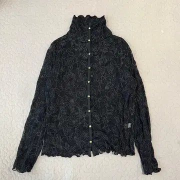 90s 여성용 시어 꽃무늬 블라우스 프릴 넥 올 패턴 비침 레트로