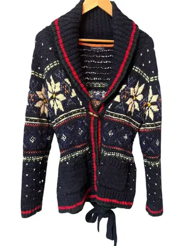 타미힐피거 울 혼방 가디건 M 네이비 눈꽃 패턴 니트 스웨터