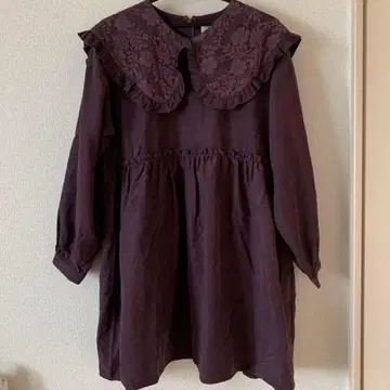 퍼플 레이스 옷깃 긴팔 원피스