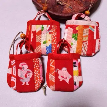 빈티지 원단 미니어처 백참 4개 실크 빨간색 핸드메이드