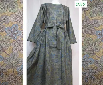 기모노 리메이크 블루 계열 나뭇잎 패턴 실크 롱 원피스 허리 리본 포함