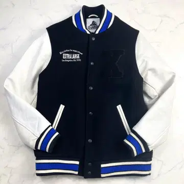 엑스라지 가죽 절개 바시티 자켓 로고 와펜 블랙 화이트 블루종