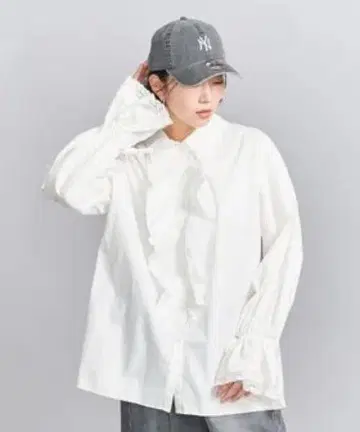 유나이티드 애로우즈 코튼 프릴 레이스 슬리브 셔츠