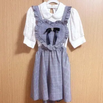 Ank Rouge 핑크 체크 점프 스커트 프릴 리본 펄 양산형 에이프런