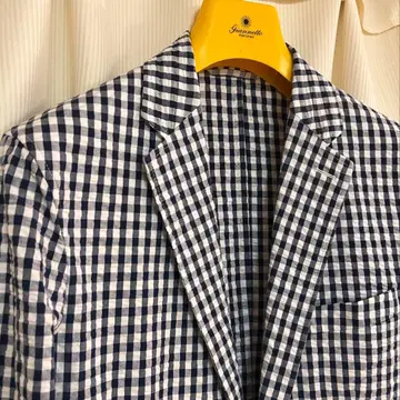 새상품급 6.9만 잔네토 시어서커 네이비 x 화이트 체크 셔츠 자켓 46