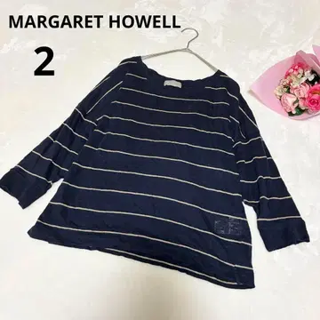 마가렛호웰 8부 소매 보더 니트 네이비 얇은 소재 린넨